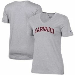 Women's Champion Heathered Gray Harvard Crimson University Basic Arch V-Neck T-Shirt