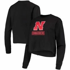 Women's Champion Black Nebraska Huskers Boyfriend Cropped Long Sleeve T-Shirt