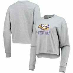Women's Champion Heathered Gray LSU Tigers Boyfriend Cropped Long Sleeve T-Shirt