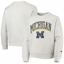 Youth Champion Heathered Gray Michigan Wolverines Reverse Weave Pullover Sweatshirt